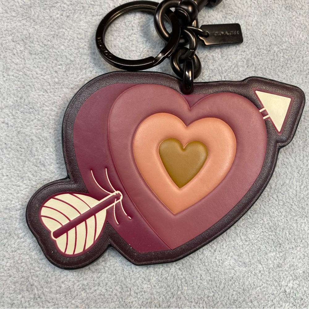 Coach Heart Arrow Leather Keychain Charm in Pink, Burgundy & Olive - Picture 5 of 10
